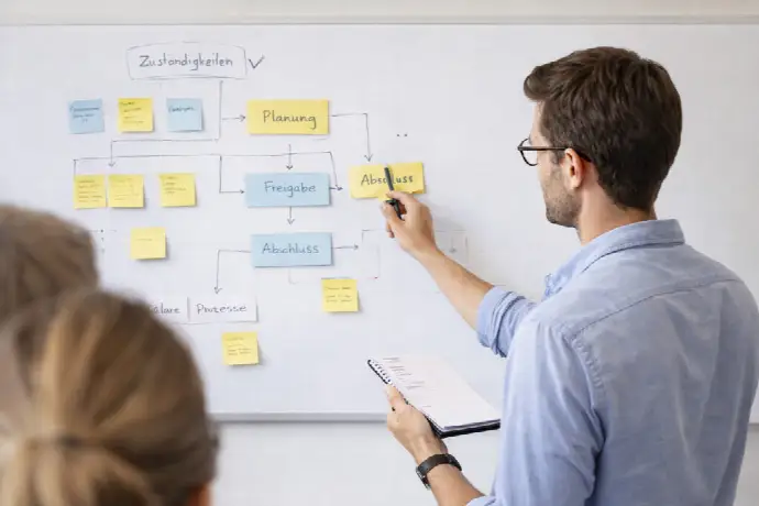 Architekt erläutert Prozessstruktur zur Digitalisierung im Bauwesen an Whiteboard