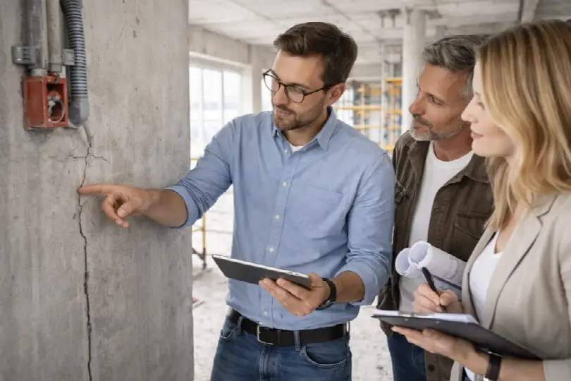 Team prüft Baumangel auf Baustelle und dokumentiert ihn mit Tablet im Rohbau