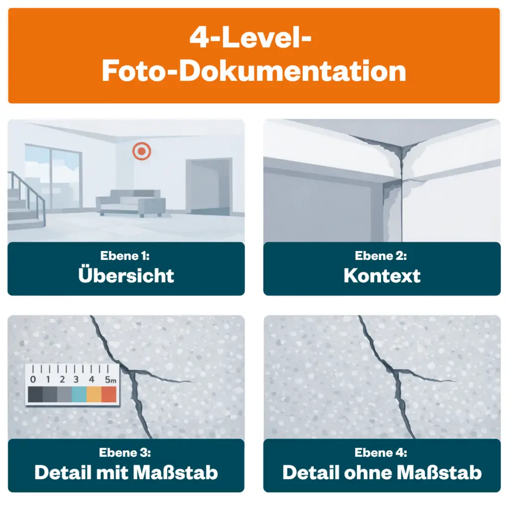4-Level Foto-Dokumentation zur Erfassung von Baumängeln auf der Baustelle mit Übersicht, Kontext und Detailaufnahmen