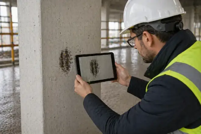 Mängel dokumentieren: Bauleiter fotografiert ein Kiesnest in einer Betonsäule mit Tablet auf der Baustelle