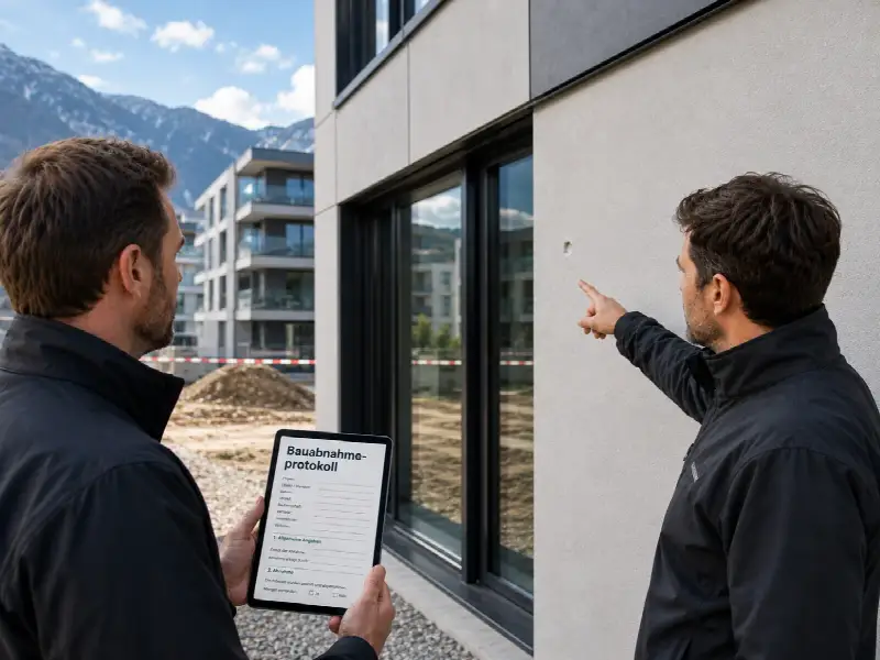 Bauabnahme in der Schweiz: Architekt und Bauleiter dokumentieren einen Fassadenmangel direkt im digitalen Bauabnahmeprotokoll