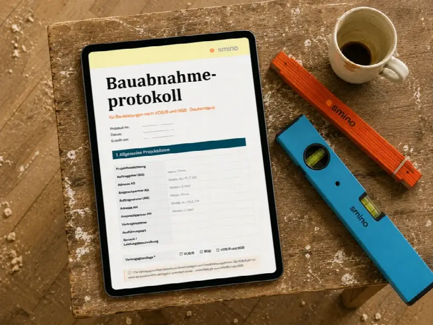 Tablet mit der smino Bauabnahmeprotokoll Vorlage liegt auf einem Tapeziertisch