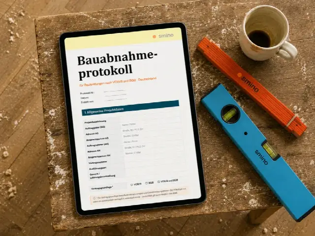 Tablet mit der smino Bauabnahmeprotokoll Vorlage liegt auf einem Tapeziertisch