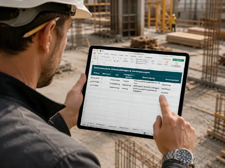 Architekt nutzt die Bautagebuch Excel Vorlage auf einer Baustelle