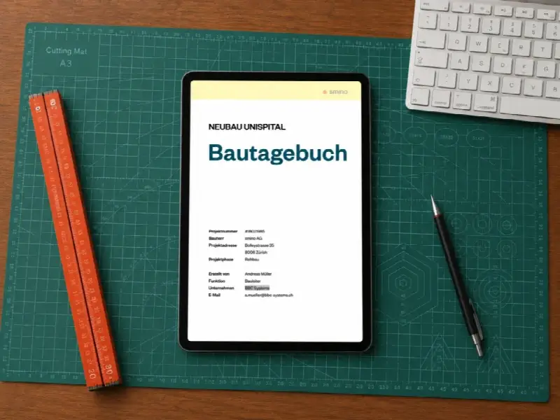 Bautagebuch als Word Vorlage in einem iPad auf einem Architekten-Schreibtisch
