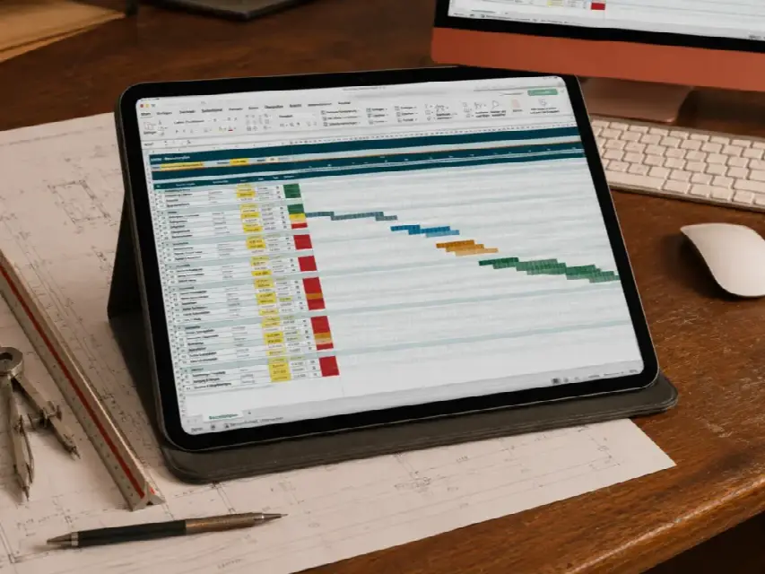 Bauzeitenplan Excel Vorlage in einem iPad auf einem Architektenschreibtisch