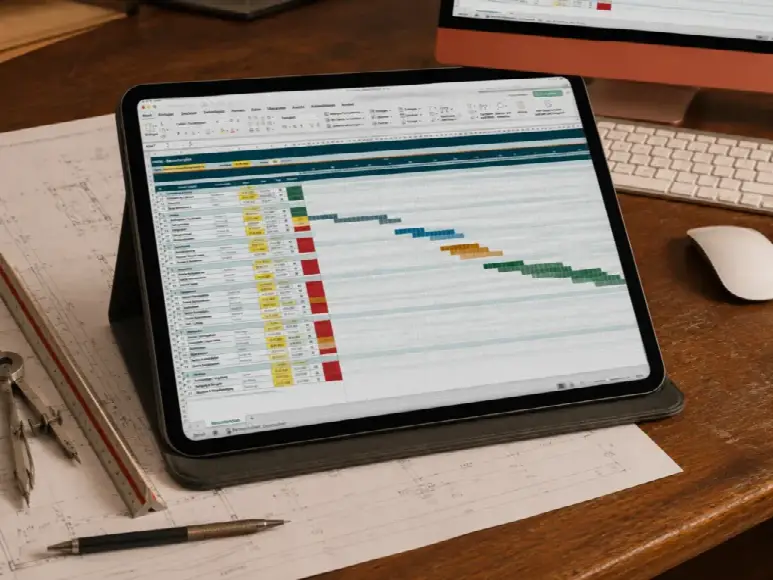 Bauzeitenplan Excel Vorlage in einem iPad auf einem Architektenschreibtisch