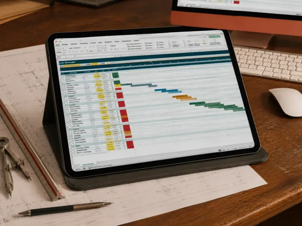 Bauzeitenplan Excel Vorlage in einem iPad auf einem Architektenschreibtisch